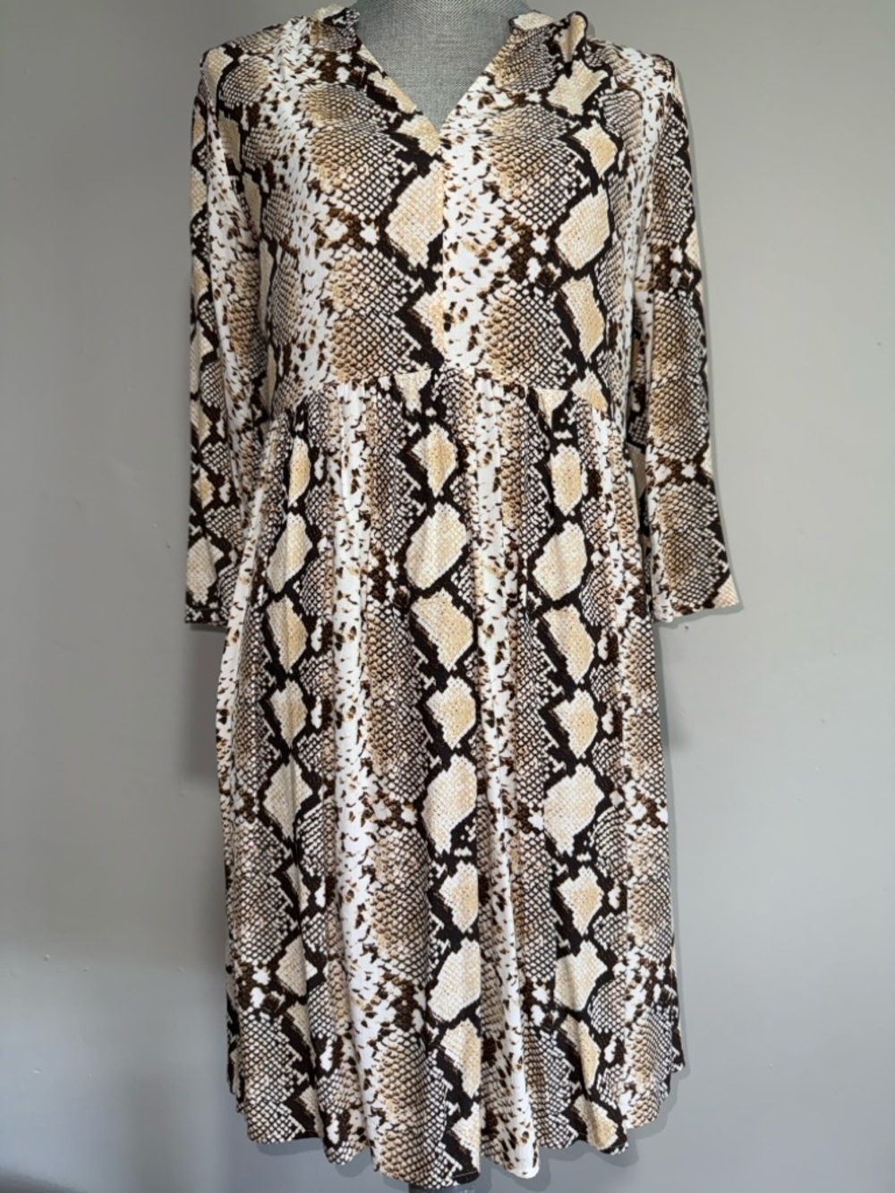 Mauve Snake-Print Long Sleeve Midi Dress in Brown and Cream